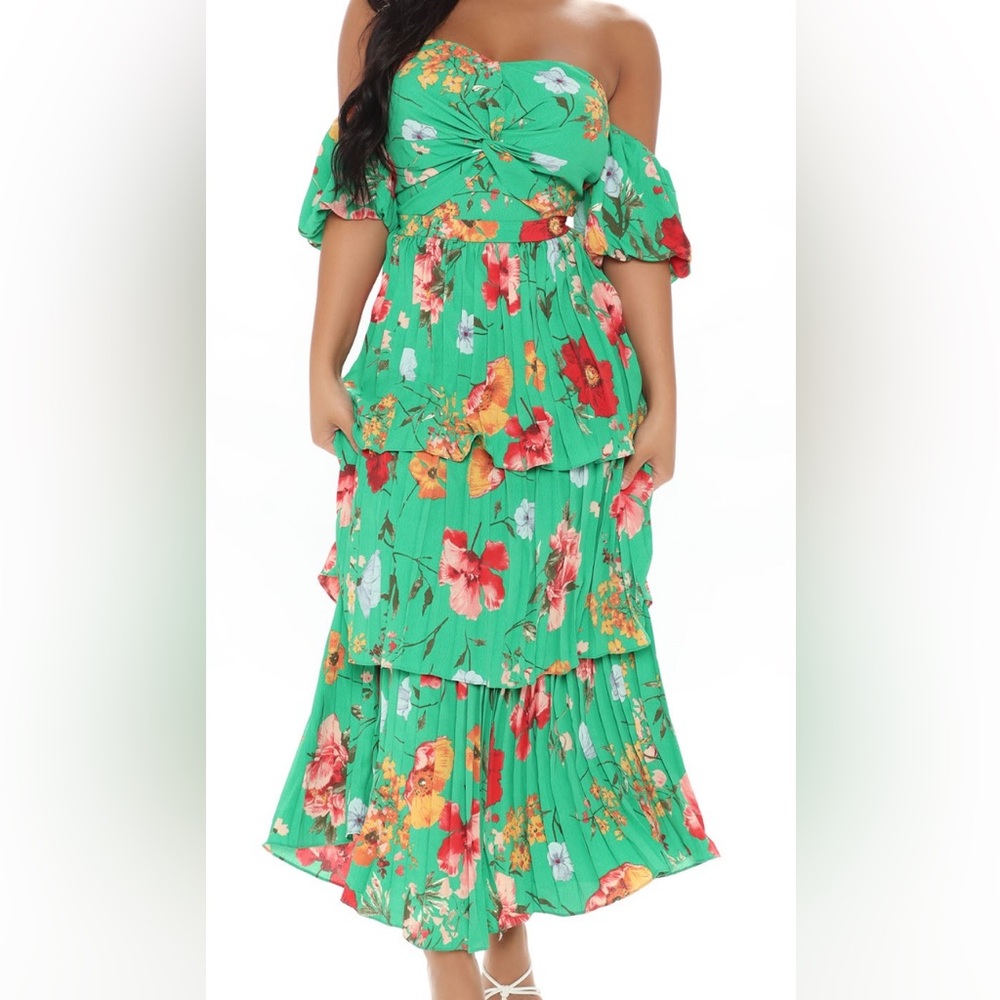 Floral Green Off-Shoulder Dress